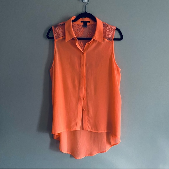 Forever 21 Women's Neon Orange Short Sleeve Shirt Button Up Blouse Top Size L - Picture 1 of 9